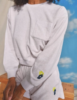 Sundry Floral Embroidery Loop Terry Pocket Sweatshirt in Oyster