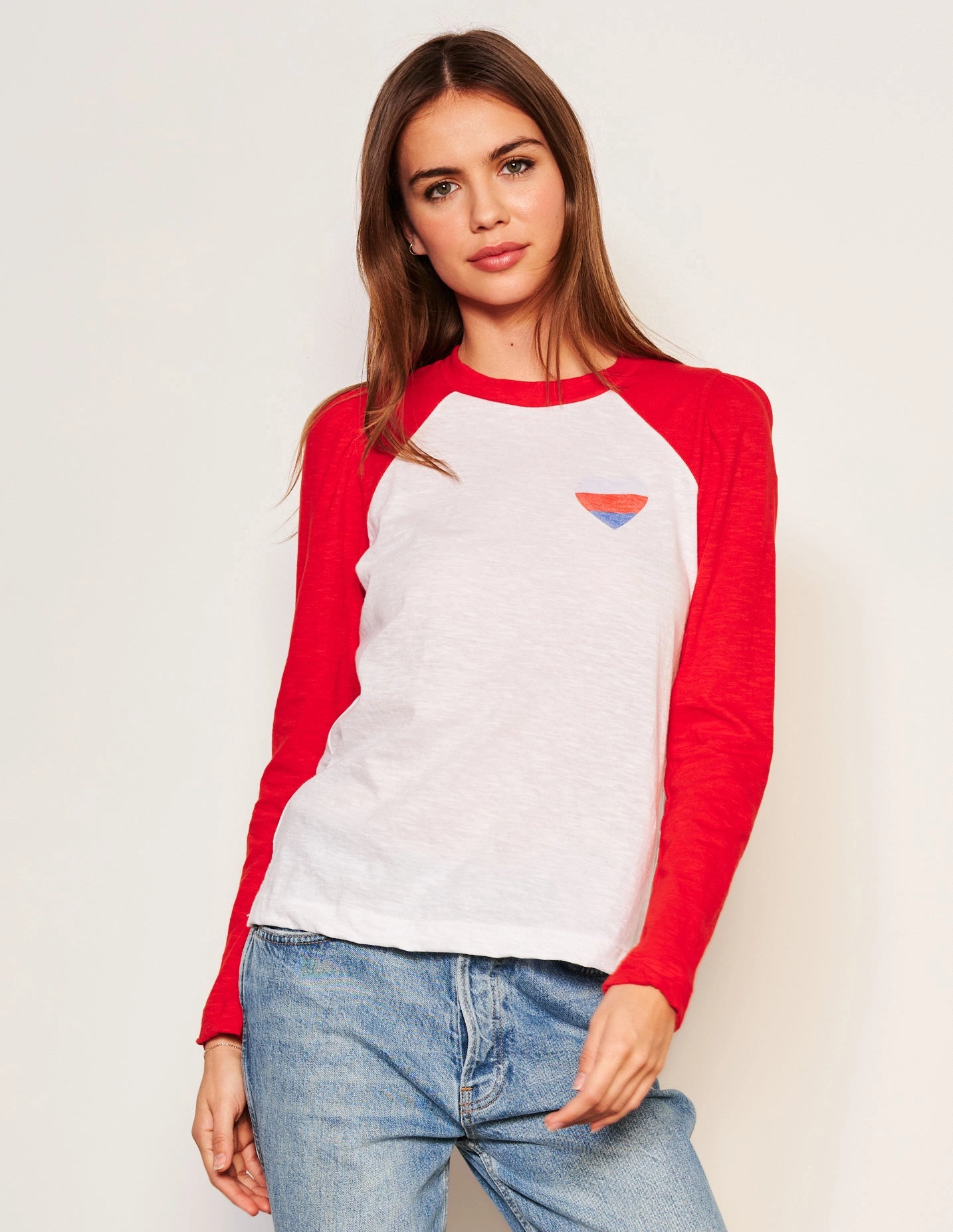 Sundry Heart Long Sleeve Contrast Sleeve Tee in Flare Red
