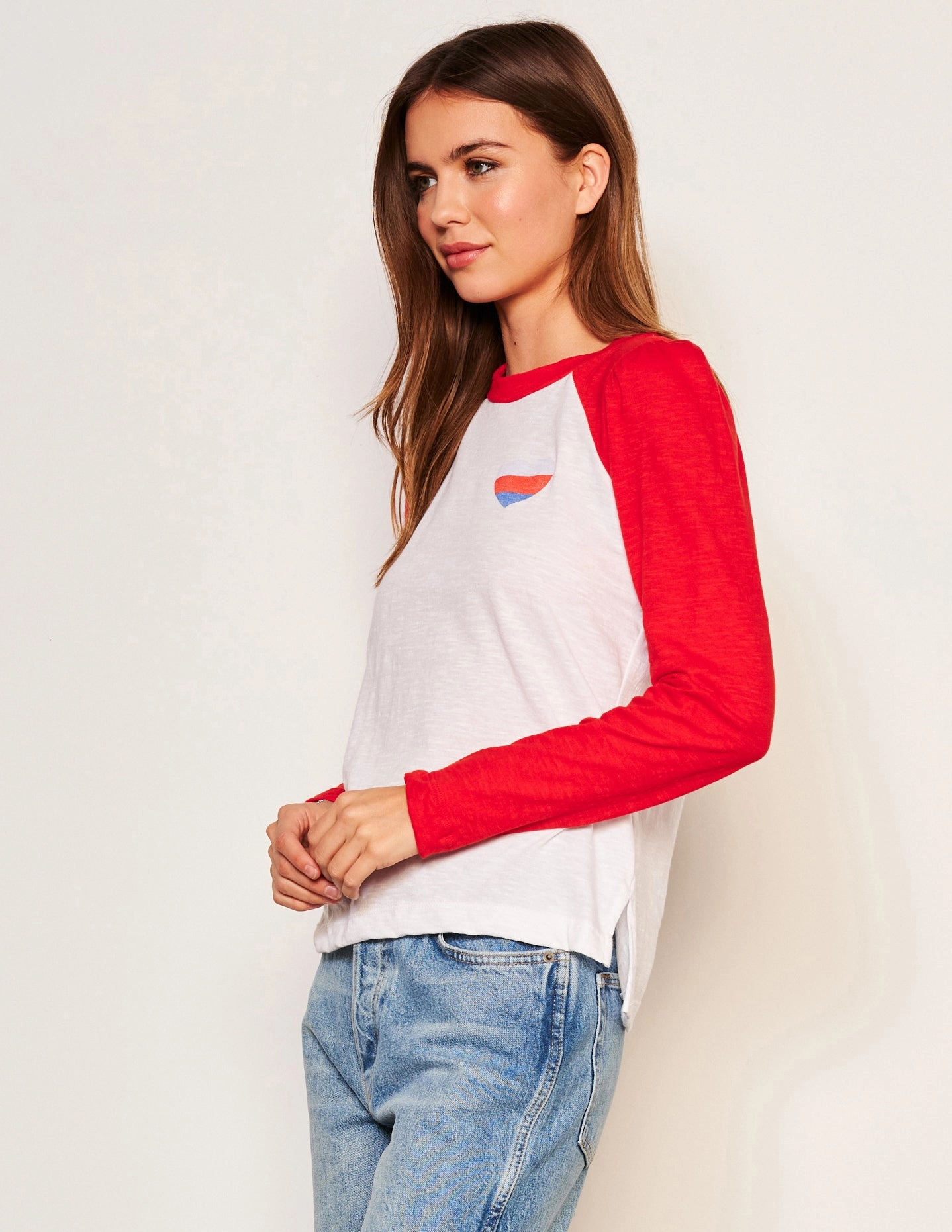 Sundry Heart Long Sleeve Contrast Sleeve Tee in Flare Red