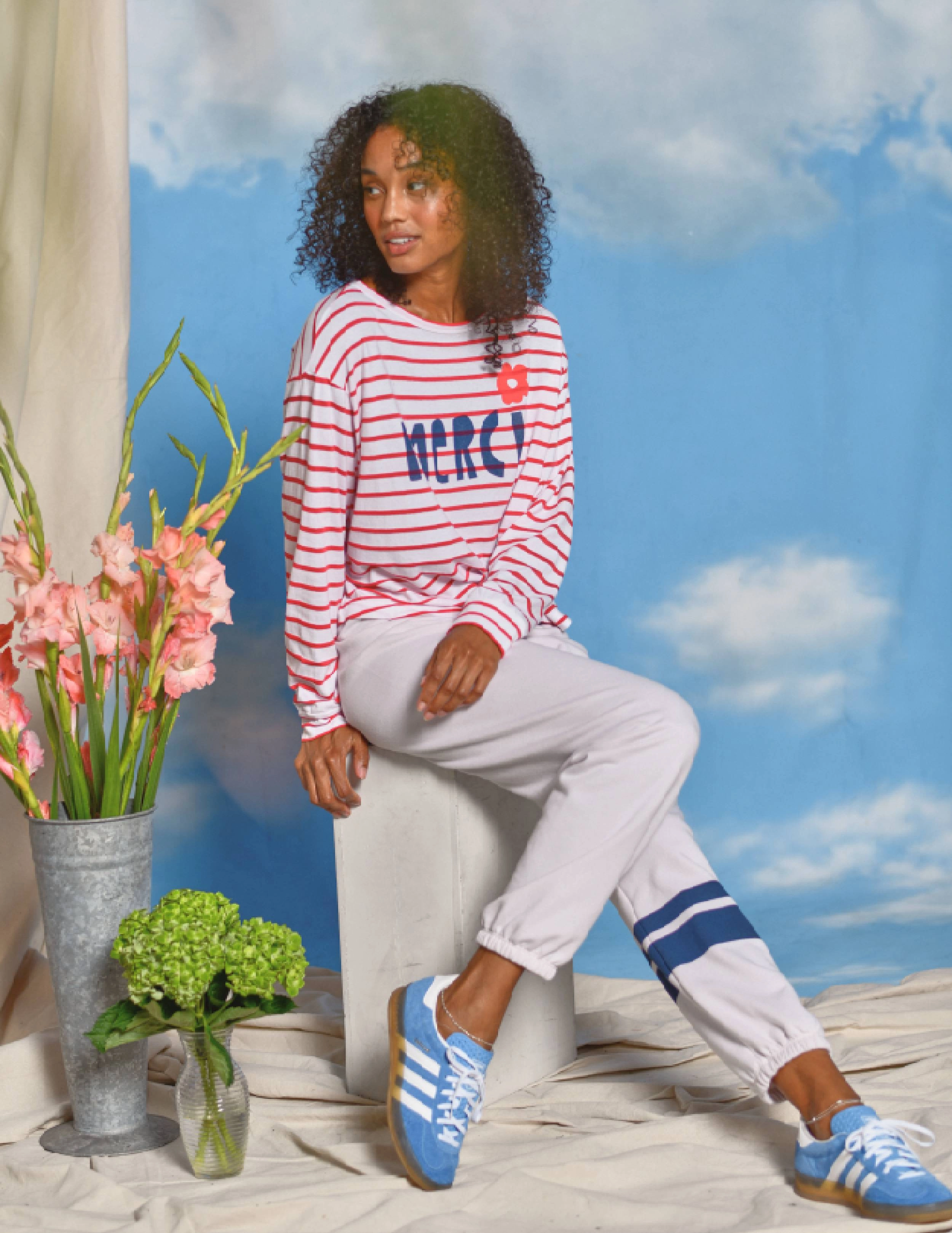 Sundry Merci Long Sleeve Crew Pullover in Optic White