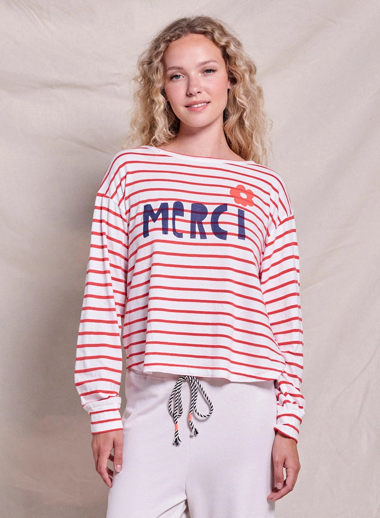 Sundry Merci Long Sleeve Crew Pullover in Optic White