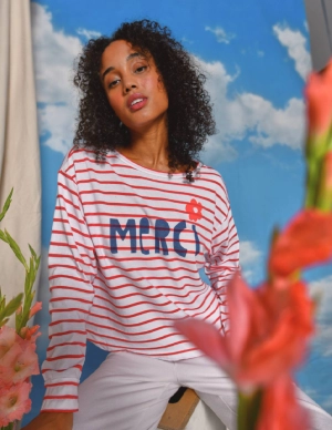 Sundry Merci Long Sleeve Crew Pullover in Optic White