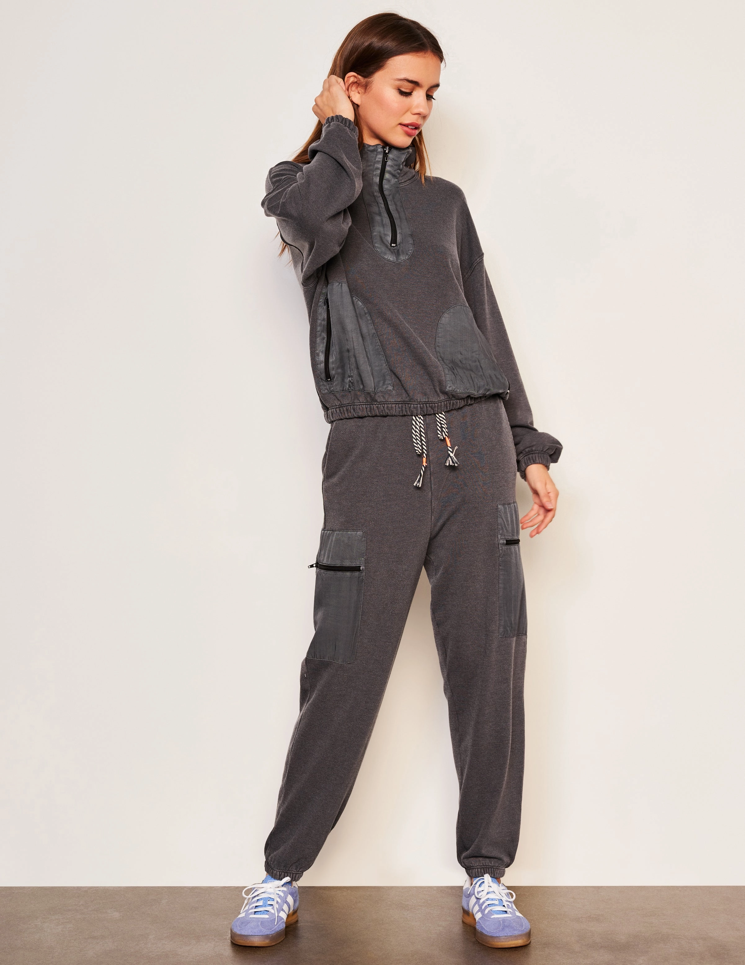 Sundry Mixed Media Half Zip Popover in Washed Black