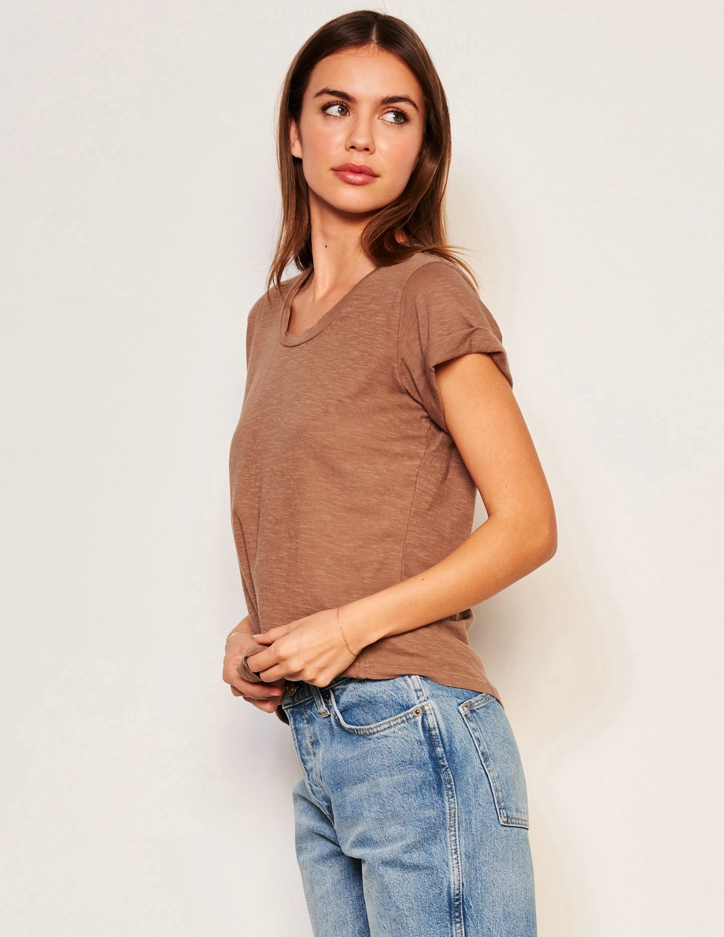Sundry Rolled Sleeve Tee in Taupe