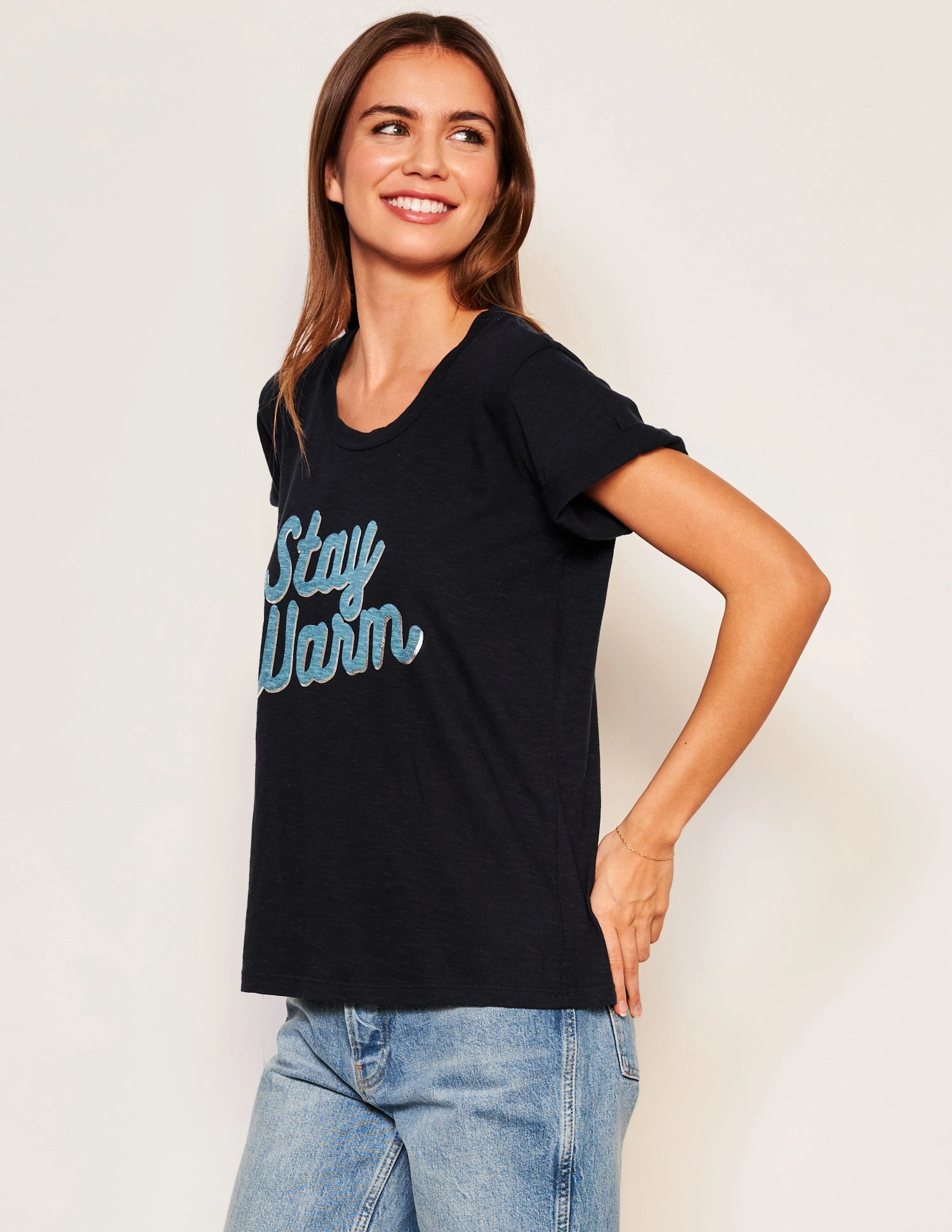 Sundry Stay Warm Rolled Sleeve Tee in Deep Navy