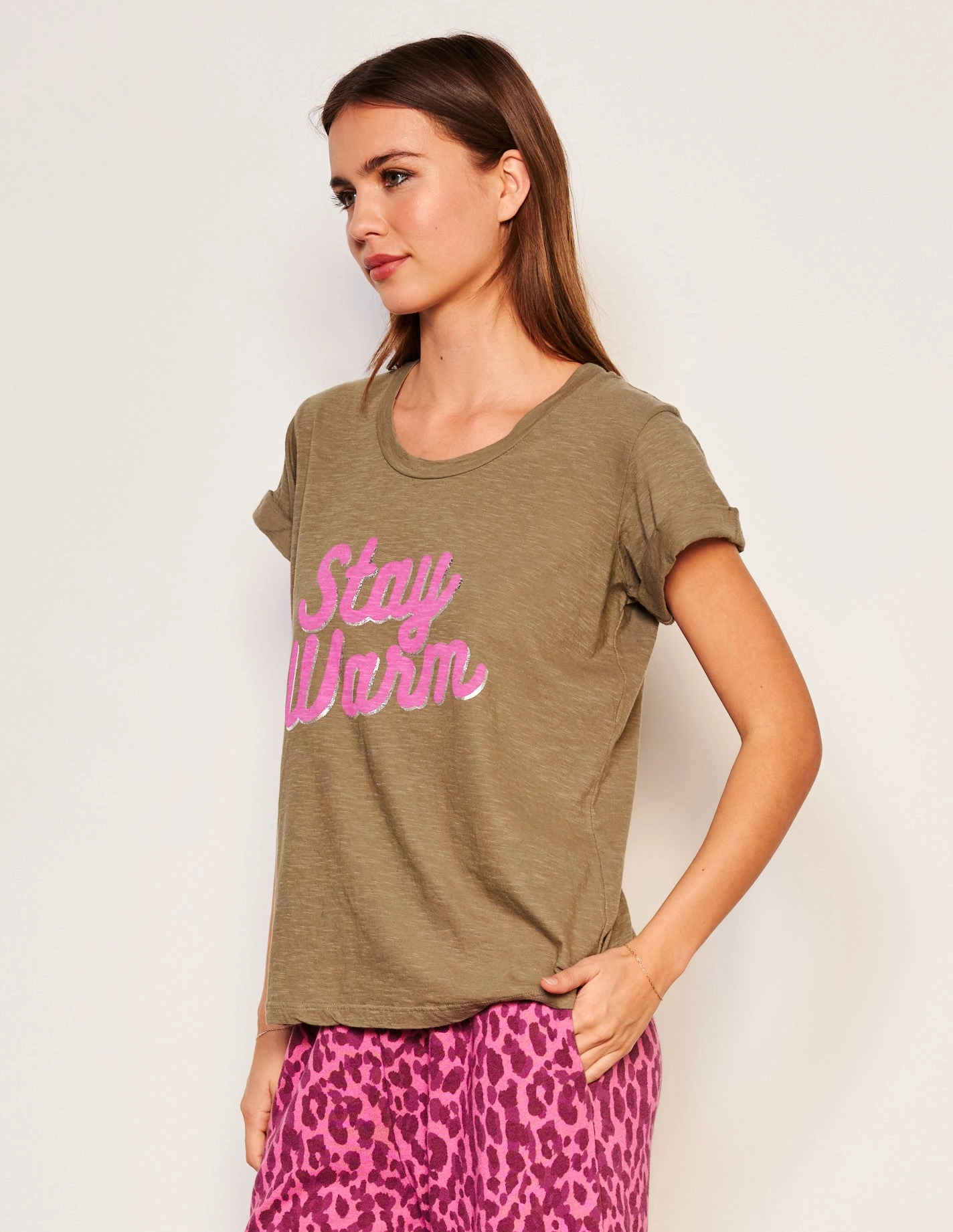 Sundry Stay Warm Rolled Sleeve Tee in Fern