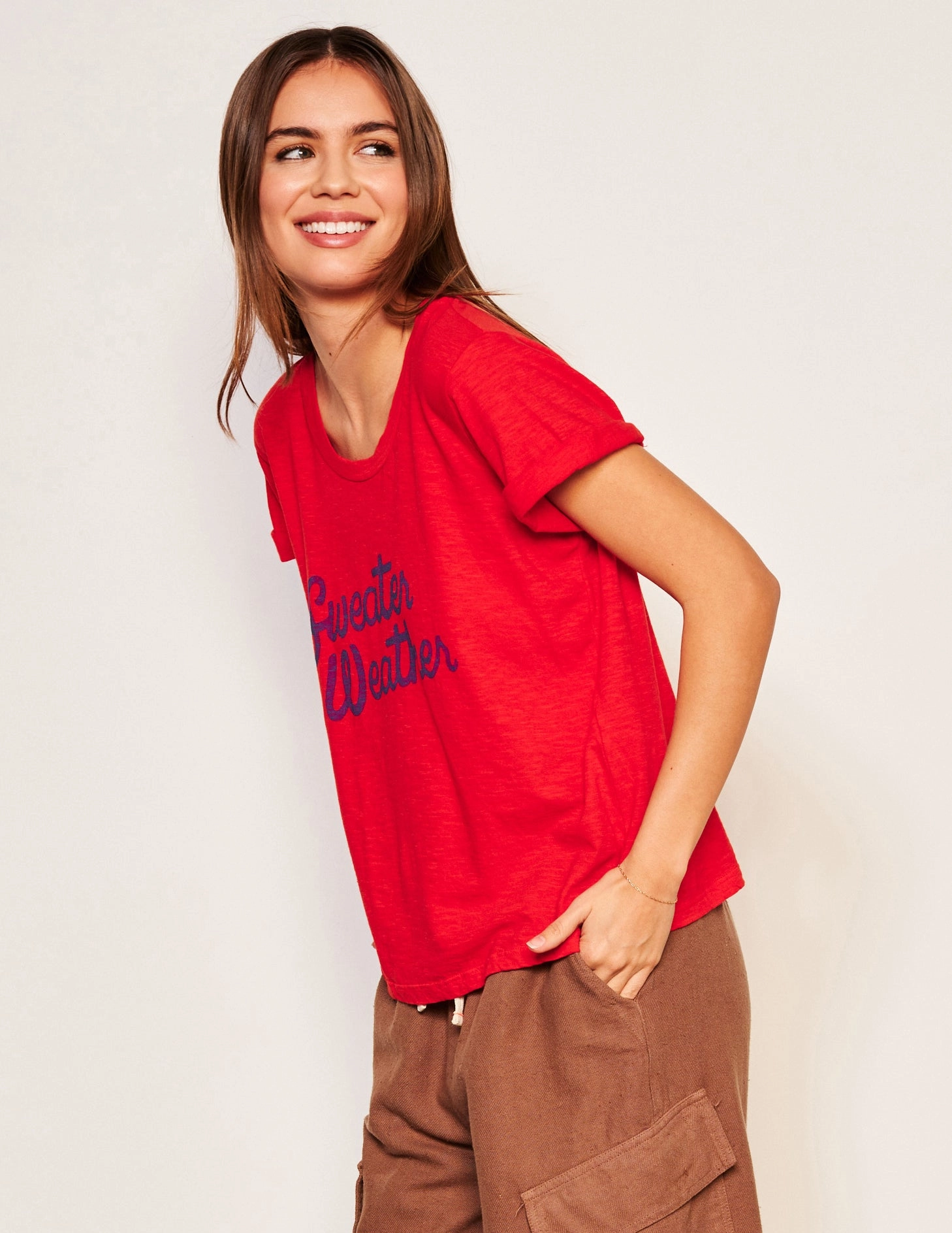 Sundry Sweater Weather Rolled Sleeve Tee in Flare Red