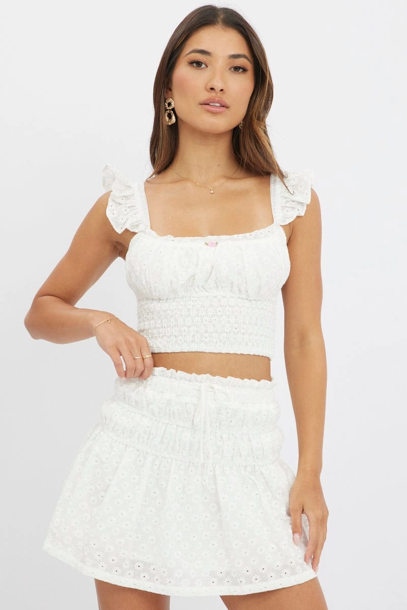 White Crop Top Sleeveless Shirred Waist Broidery Eyelet
