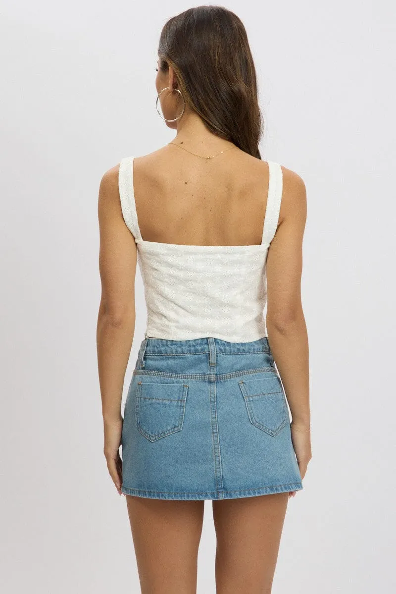 White Lace Up Top Sleeveless Eyelet