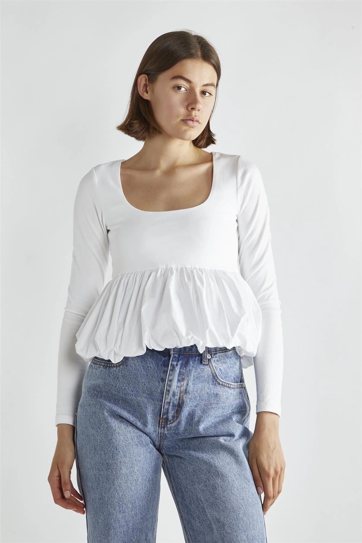White Square-Neck Puff-Peplum Top