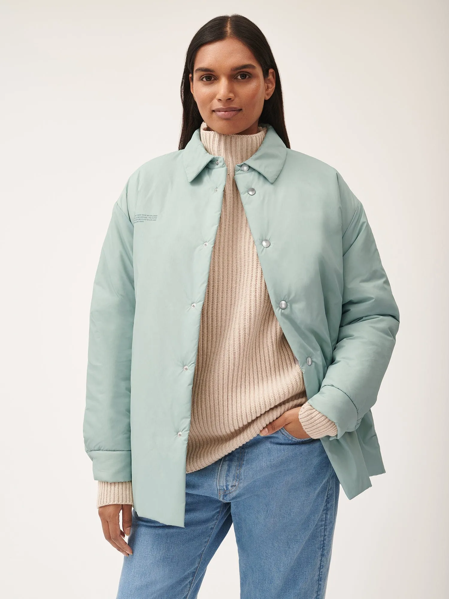 Womens Flower-Warmth Padded Overshirt—Eucalyptus Blue