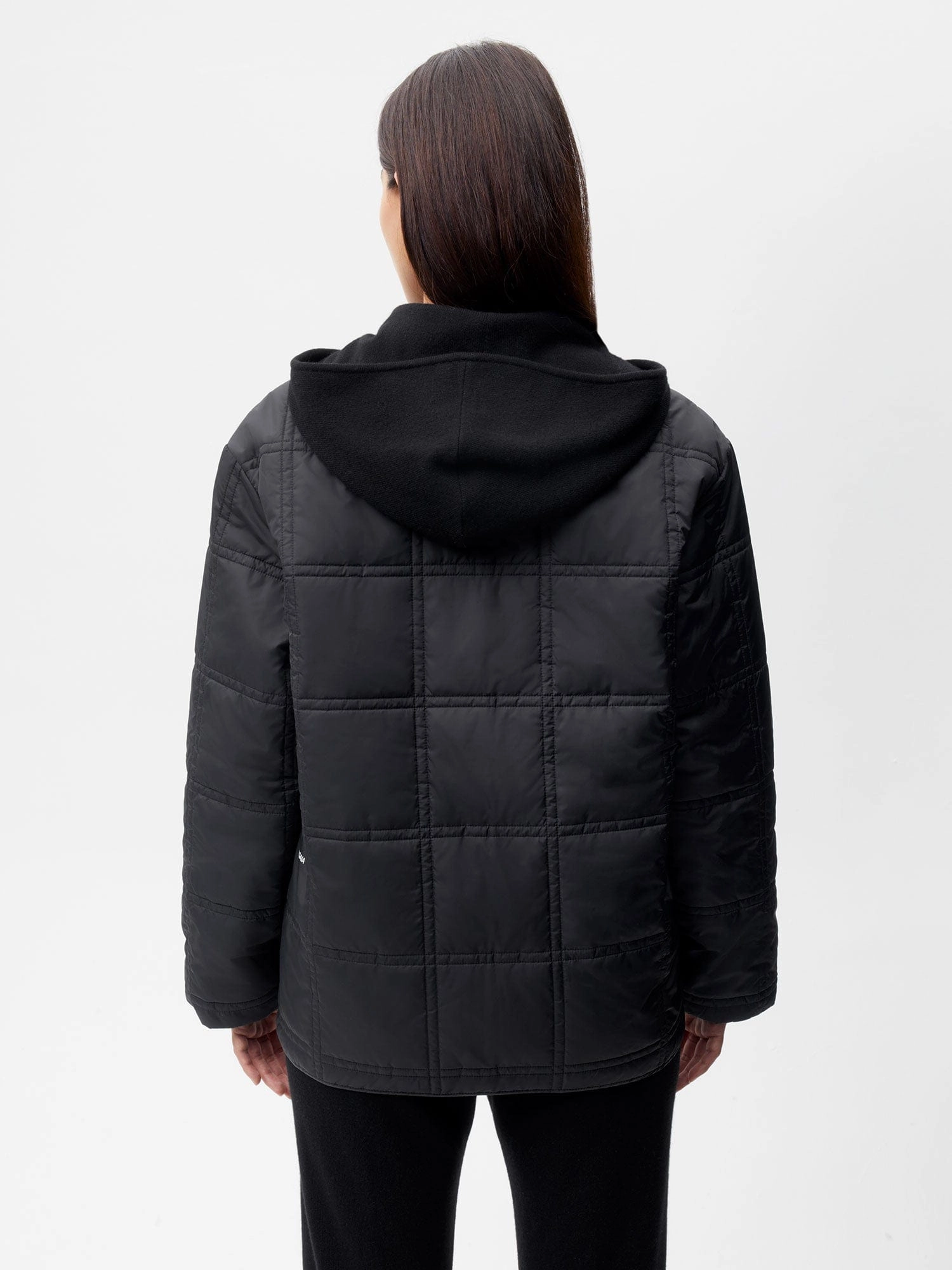 Womens Flower-Warmth Quilted Collarless Jacket —black