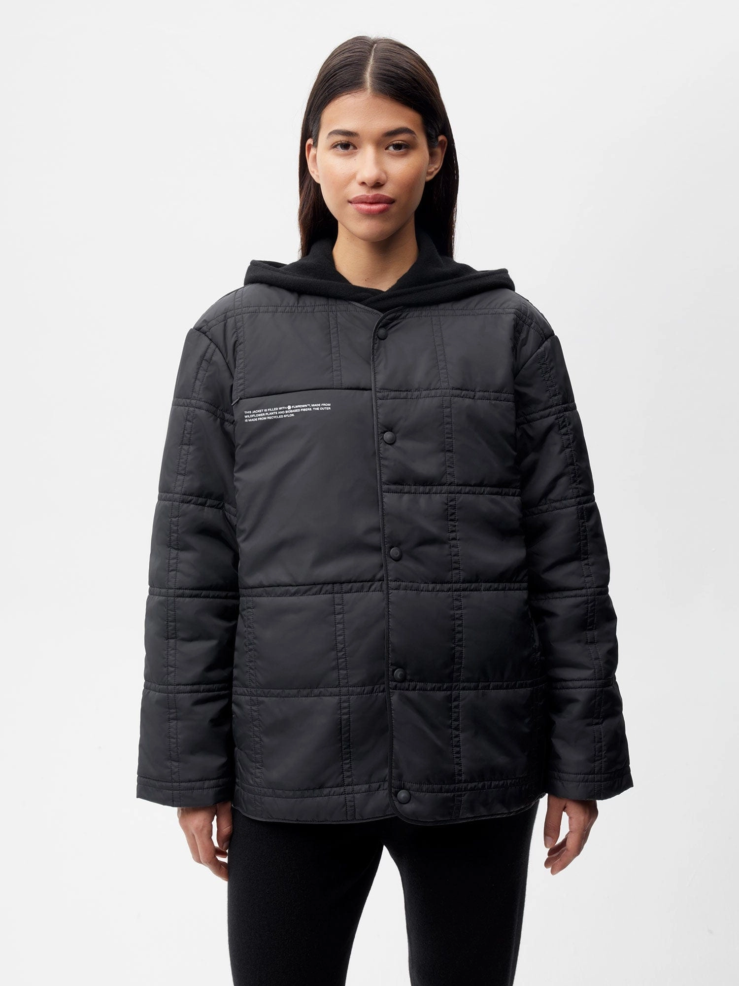 Womens Flower-Warmth Quilted Collarless Jacket —black