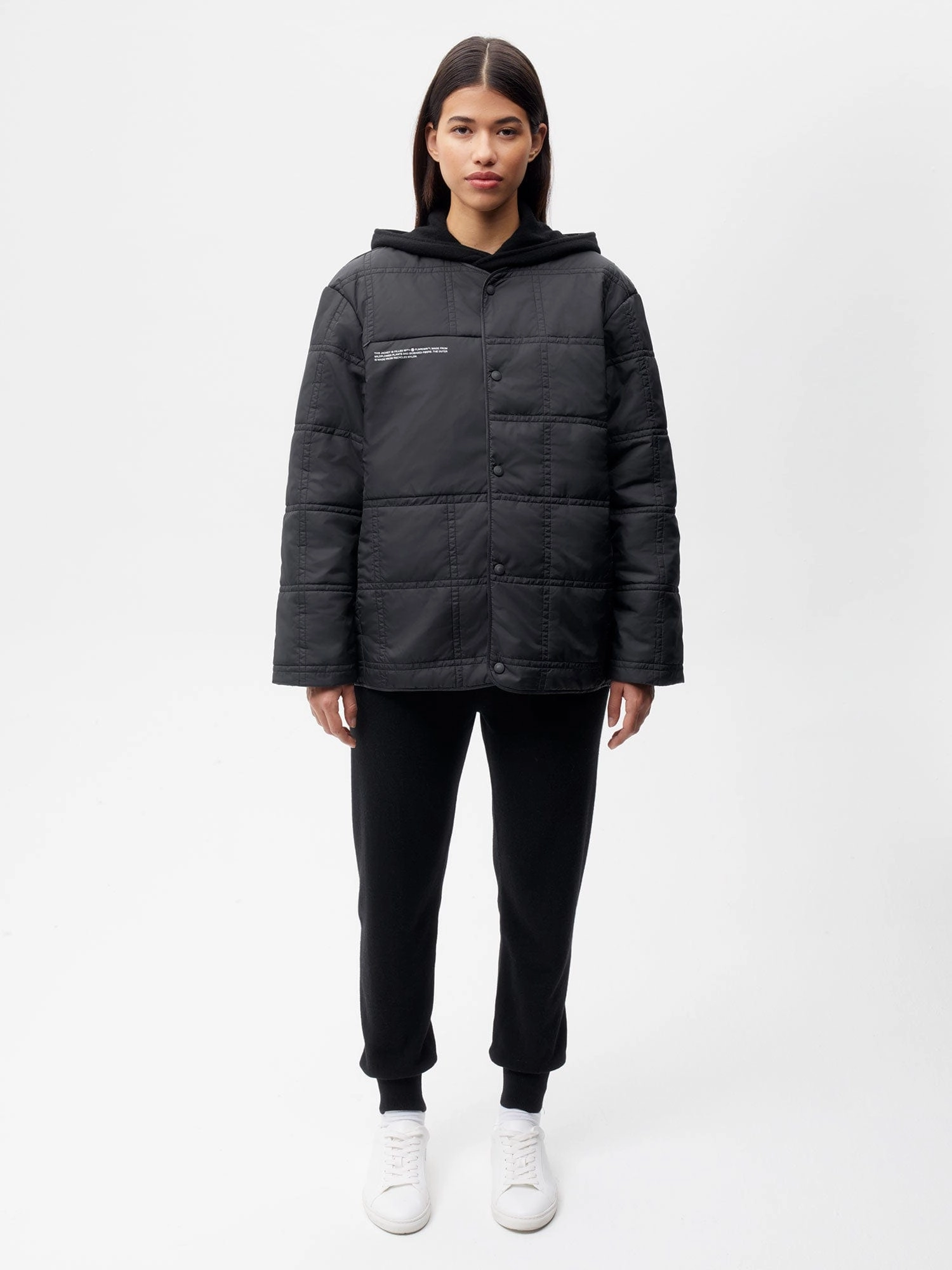 Womens Flower-Warmth Quilted Collarless Jacket —black