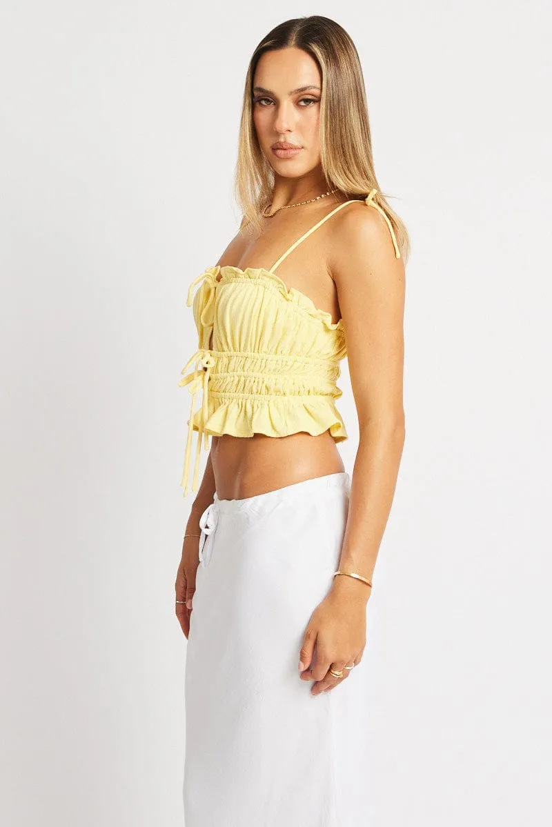 Yellow Cami Top Sleeveless Tie Front Linen Blend