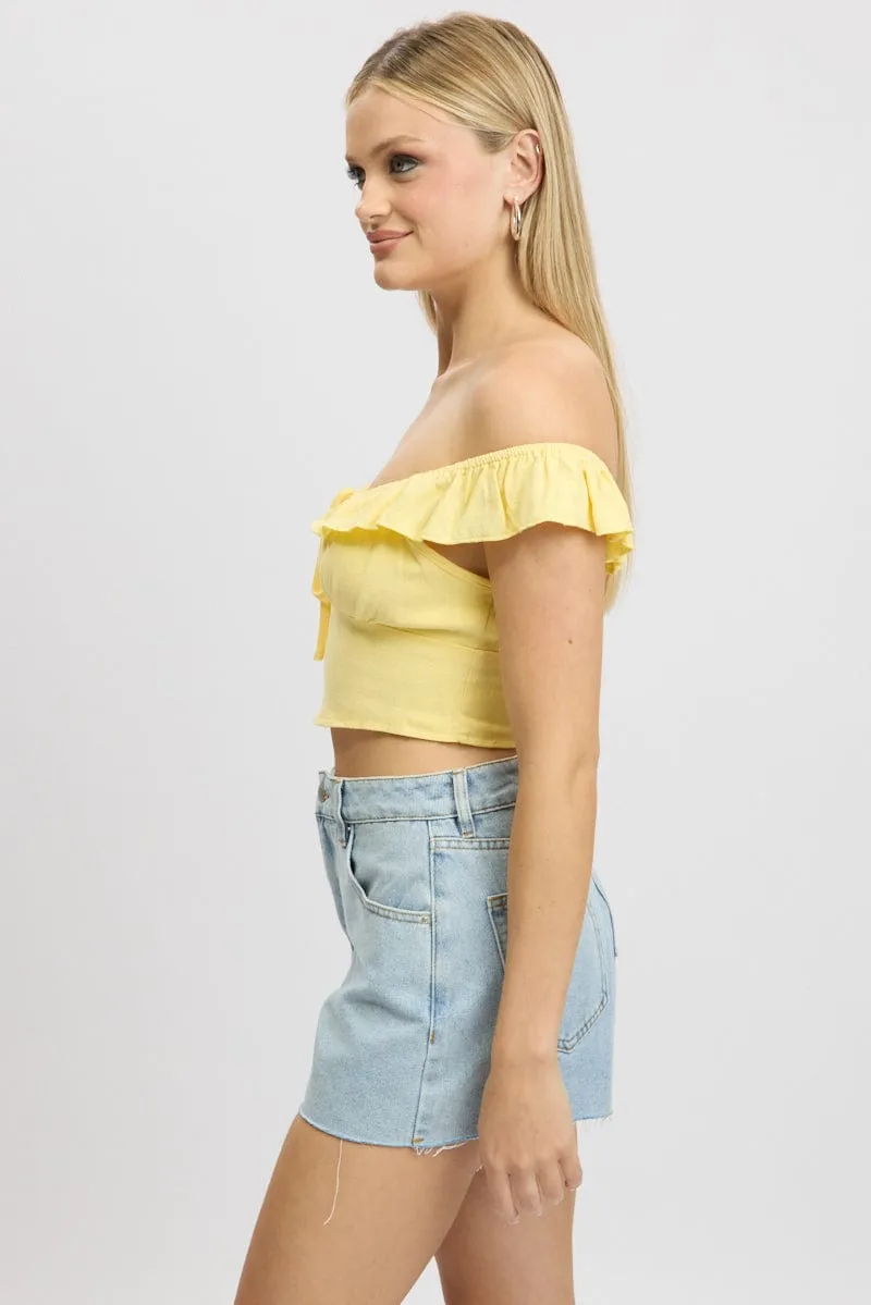 Yellow Crop Top Ruffle Off Shoulder Linen Blend