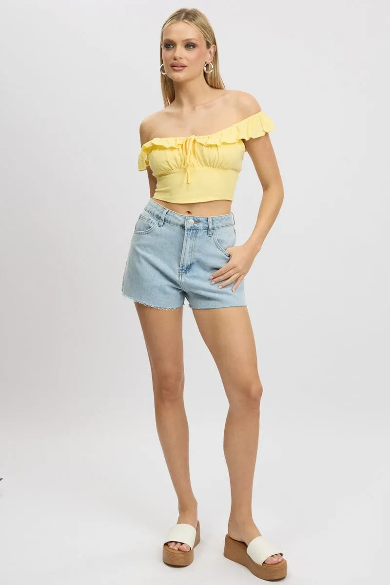 Yellow Crop Top Ruffle Off Shoulder Linen Blend