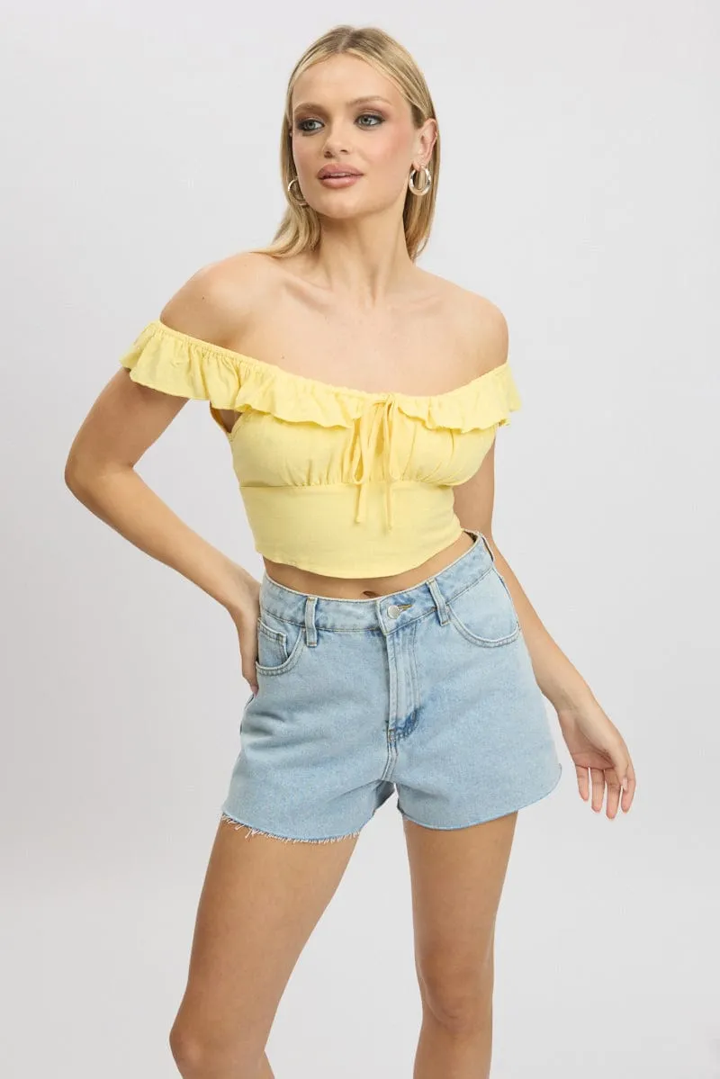 Yellow Crop Top Ruffle Off Shoulder Linen Blend