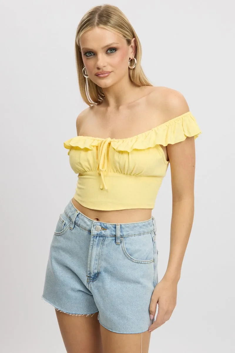Yellow Crop Top Ruffle Off Shoulder Linen Blend