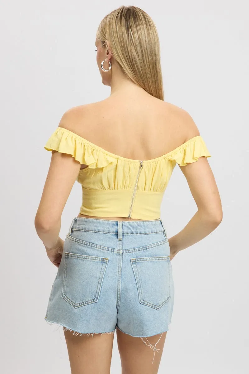 Yellow Crop Top Ruffle Off Shoulder Linen Blend